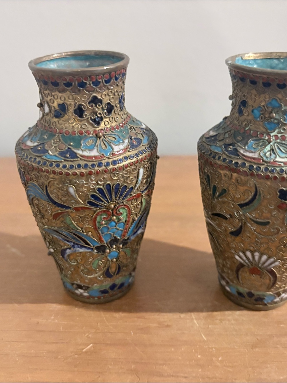 Source Unknown Blue and Gold Cloisonné Mini Vase Pair